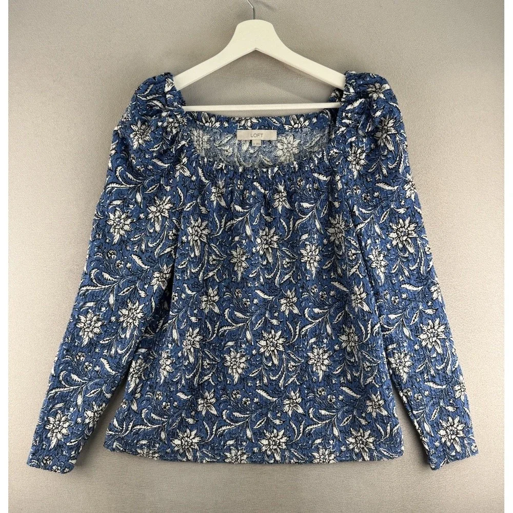 LOFT Women's Sz M Floral Prints Smocked Square Neck Puff Sleeves Cottagecore Top